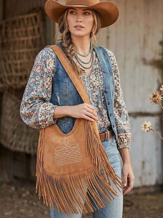 American Darling Handbags - American Darling Southwest Fringe Suede Hobo Bag